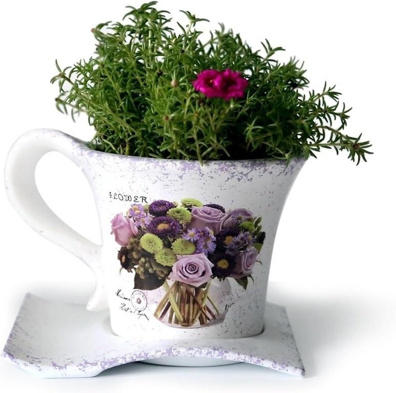 Ceramic Planter Plant Container w/ Tray - Purple