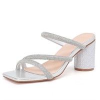 C207  kkdom Square Open Toe Sandals Silver Size 7