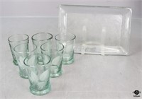 Blown & Etched Glassware & Glass Dish / 7 pc