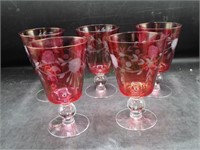 5 Glastonbury Lotus Ball Stem Etched Wine Glasses