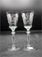 Two Pristine Floral Etched Textured Stem Cordials