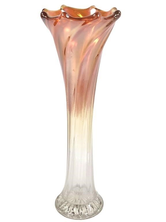Marigold Over Clear Carnival Glass Swung Vase