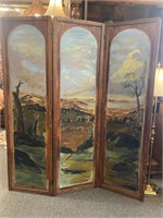 Antique Painted Three Panel Wood Screen