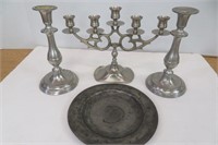 Pewter? Plate & 2 Candle Holders, signed