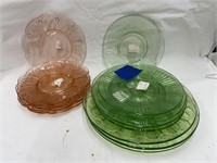 15 pcs-Pink & Green Depression Glass Plates