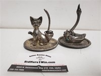 (2) Silver Plated Ring Jewelry Holders, Swan & Cat