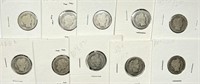 Lot of (10) 90% Silver Barber Dimes