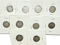Lot of (10) 90% Silver Barber Dimes