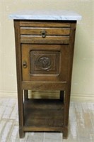 Marble Top Oak Side Cabinet.