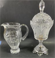 Crystal pedestal candy dish and pitcher