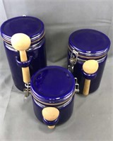 3 Blue Canisters Ceramic With Wood Scoops