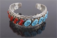 Navajo Sterling with Blood Coral & Turquoise Cuff