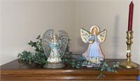 2 Angels, Greenery, and Candlestick with Holder