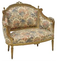 LOUIS XVI STYLE RIBBON CARVED GILTWOOD SETTEE
