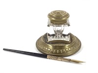 Glass Inkwell w Brass Stand & Pen