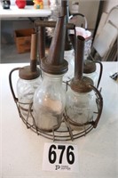Vintage Oil Containers with Spouts & Carrier