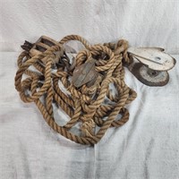 Wood & metal pullies w/ rope