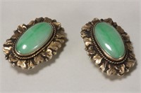 Pair of Jade and Gilt Silver Earrings,