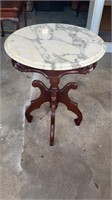 Round Mahogany Rose Carved Marble Top Side Table