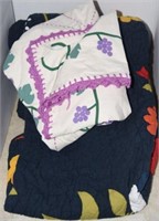 2 quilts, 1 hand embroidered quilt, 1 comforter