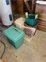Assorted laundry hamper, trash cans, storage tray