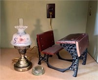 Vintage Lamp & Mini School Desk Decor Lot