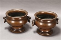 Pair of Japanese Twin Handled Bronze Urns,