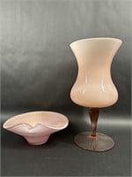 Pink Art Glass Pinched Bowl, Stemmed Vase