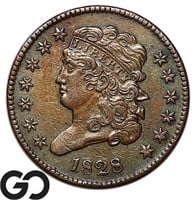 1828 Classic Head Half Cent, Tough AU Early Copper