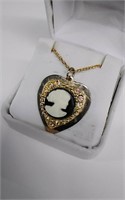 Old 1940’s Era Cameo + Rhinestone Heart Necklace