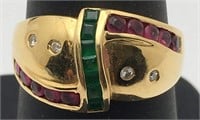 18k Gold, Diamond, Ruby & Emerald Ring