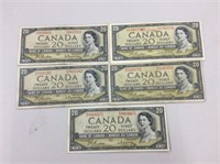 1954 $20 Canadian Banknotes X 5