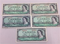 5 X 1954 Canadian 1 Banknotes