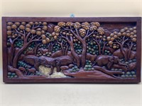 Hand Carved Teak Wood Elephant Forest Relief