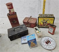 Advertising tins, lunch box, thermometer - rough