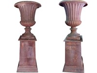 Large and Impressive Pair Cast Iron Pedestal Urns,