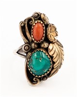 D Whitegoat Navajo 12K GF Turq/Coral Ring Sz7.5