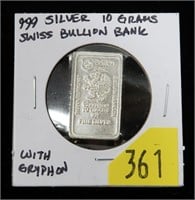 Swiss Bullion Bank 10 grams .999 silver bar