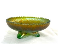 Green Footed Carnival Glass Bowl  Dragons & Lotus