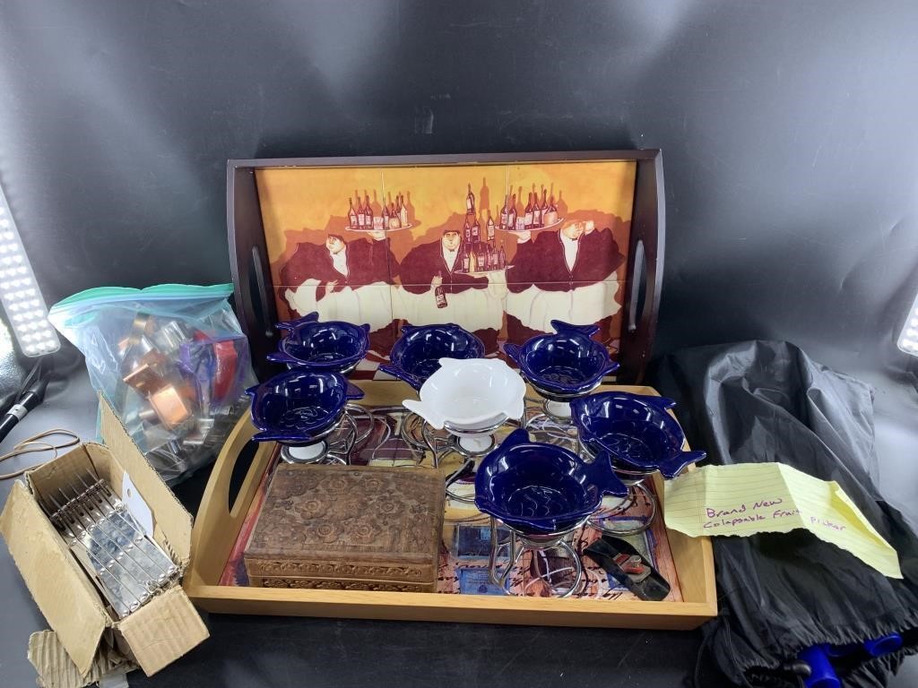 Large lot with wax melters, serving trays and more