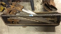 COLL OF HAND SAWS IN WOOD CARPENTERS BOX