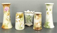 4 floral decorated porcelain, etc. hat pin holders