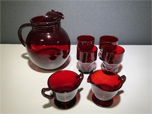 VTG RUBY RED PITCHER, GLASSES & CREAMER & SUGAR