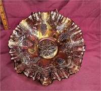 Carnival glass bowl, grape pattern 8.5"