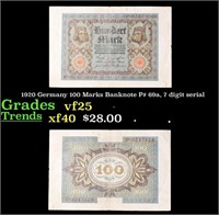 1920 Germany 100 Marks Banknote P# 69a, 7 digit se