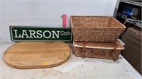 Wood Cutting Board, Wicker Picnic  Basket and Tin