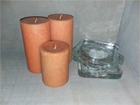 3 Glass Candle Plates; 3 Pillar Candles