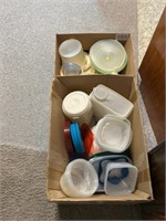 Two boxes of plastic kitchen wares