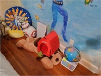 GROUP LOT- STUFFED ANIMALS, GLOBE, DOG, MISC