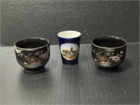 ceramic shot glass & 2 oriental tea cups